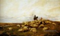 Un berger avec son troupeau de moutons animaux de ferme Thomas Sidney Cooper